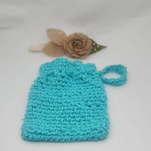 Handmade Turquoise Crochet Pouch Soap Sack Bag , Eco-Friendly 100% Cotton